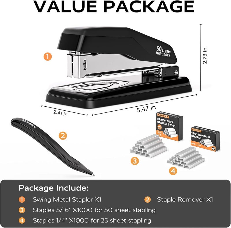 Mars-Rock Desktop Stapler, Swing-Arm Swivel Stapler, 50 Sheet Capacity, 2000 Staples and Staple Remover, Rotatable Heavy Duty Staplers for Office, Home, Classroom, Booklet, Book Binding,Black - Image 3